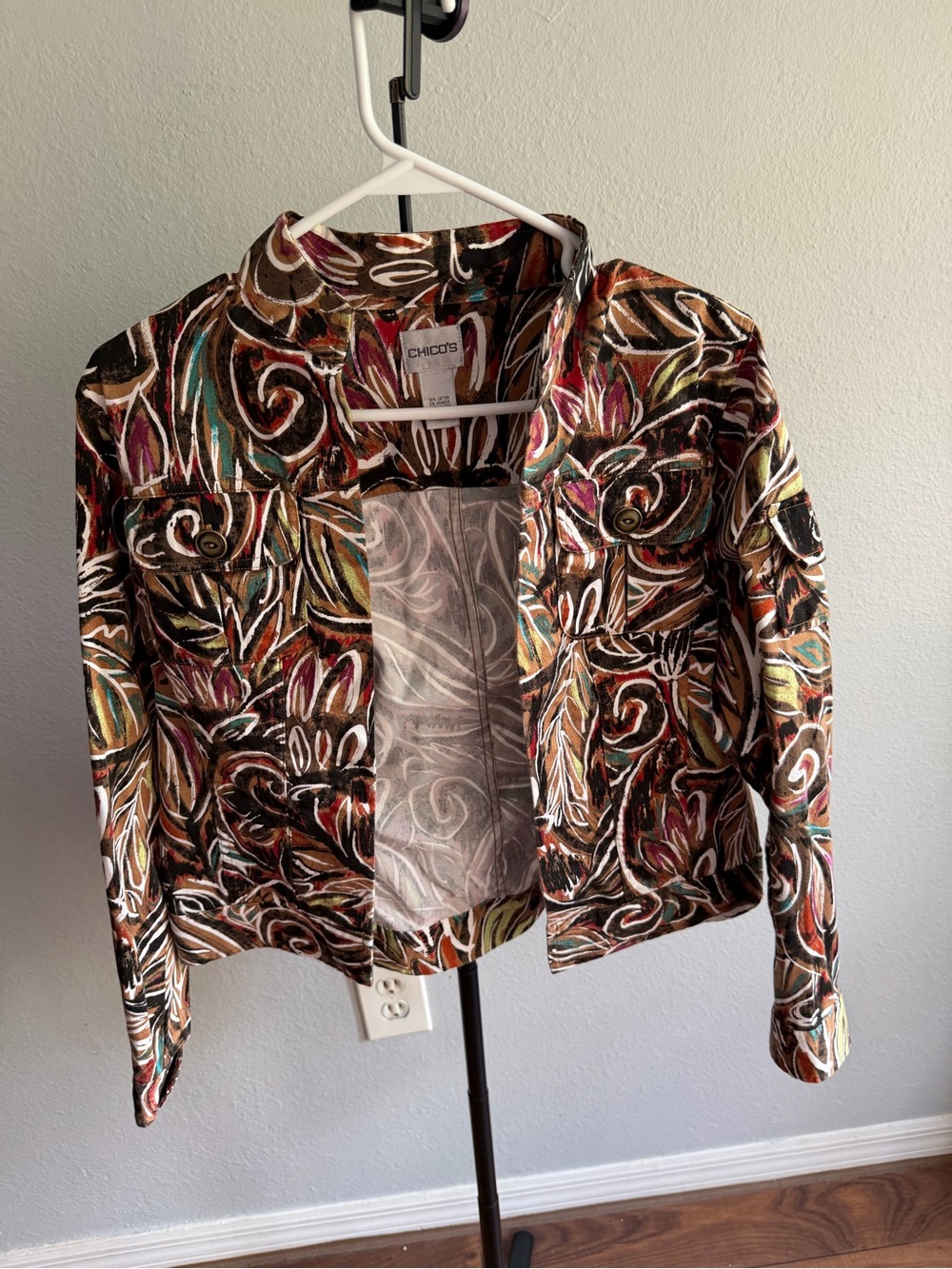 Chico's Cropped Multicolor Abstract Print Jacket